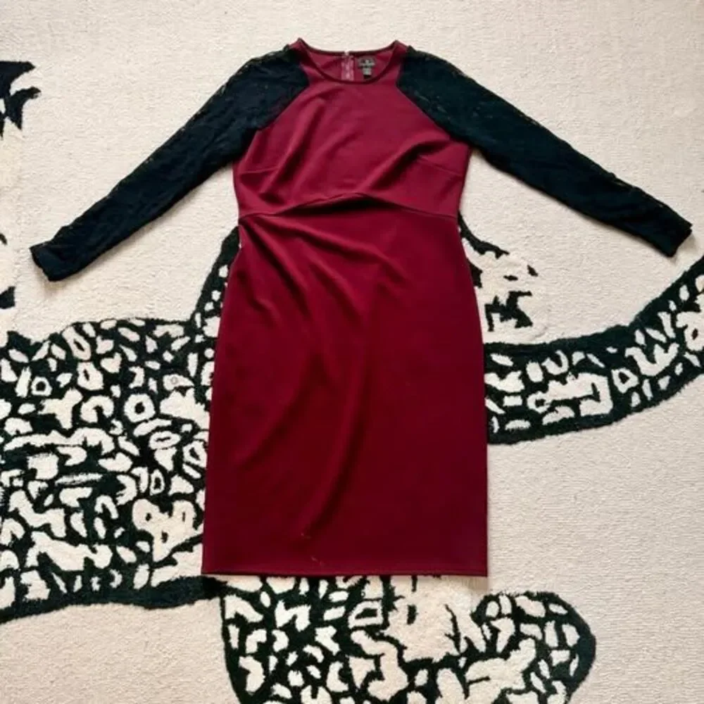 Worthington Wine & Lace Dress Burgundy Black Lace Sleeve Sheath Dress